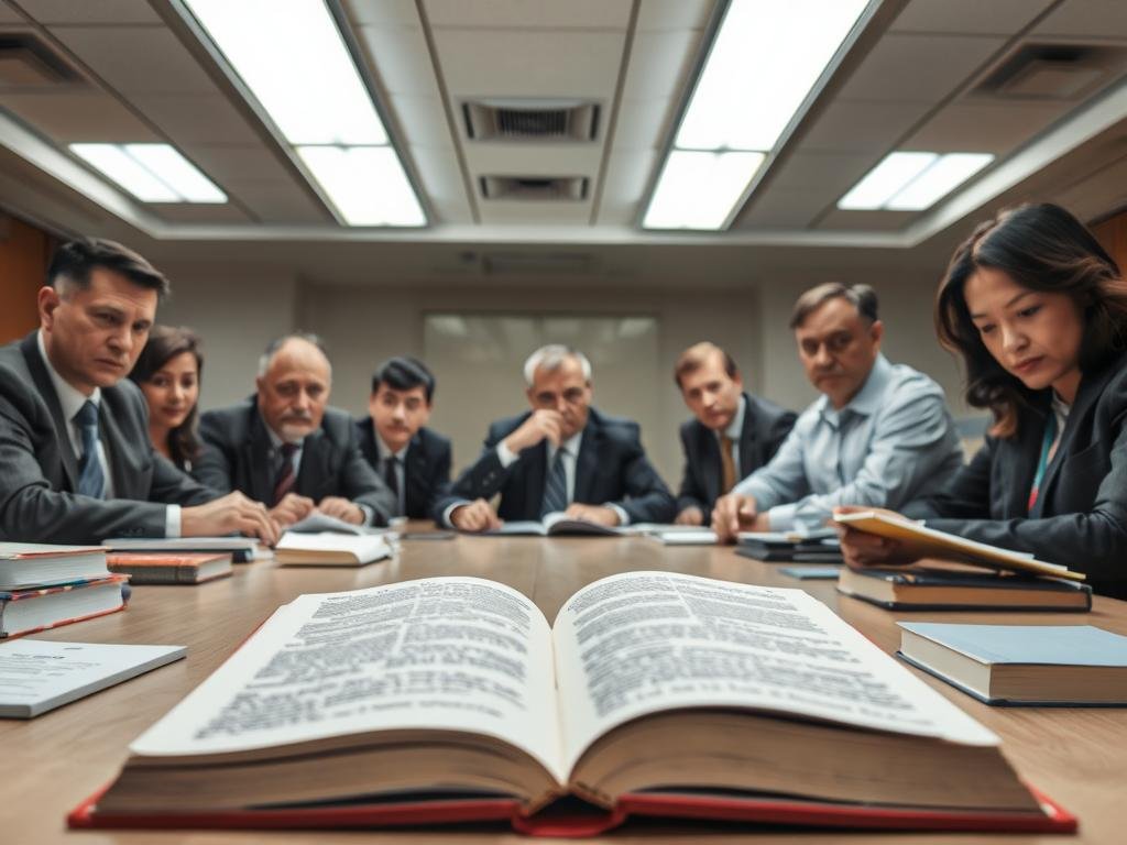 A boardroom table surrounded by a panel of serious-faced individuals, intently studying stacks of books. Overhead, bright fluorescent lights cast an clinical, evaluative glow. In the foreground, a book lies open, its pages highlighted and annotated. The committee members wear stern expressions, deep in thoughtful discussion. The atmosphere is somber, the mood one of careful, measured deliberation as they weigh the merits and concerns of the challenged literary work. The camera angle is slightly elevated, capturing the gravity and importance of the scene. Crisp focus highlights the details of the books and the pensive expressions of the review committee.