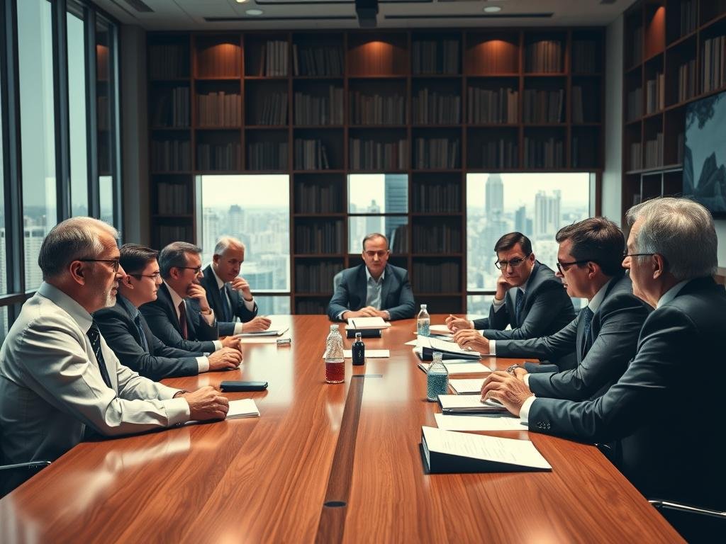 A boardroom table with corporate executives engaged in a heated discussion. Bright, focused lighting casts dramatic shadows, underscoring the gravity of their deliberations. Behind them, a towering wall of bookshelves and a large window overlooking a bustling city skyline. The atmosphere is one of intense focus and high-stakes decision-making, as the stakeholders weigh the costs, benefits, and oversight required for a pivotal new initiative. A sense of urgency and responsibility hangs in the air, captured in the charged expressions and body language of the participants.