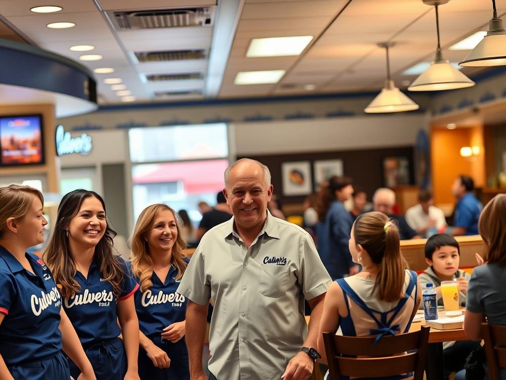 A bustling Culver's restaurant interior, with a warm, inviting atmosphere. In the foreground, a friendly group of employees wearing Culver's uniforms, engaged in lively conversation and enthusiastically assisting customers. The middle ground features the Culver's owner, dressed casually, interacting with the staff and customers, fostering a sense of community. The background showcases the cozy, well-lit dining area, with families and friends enjoying their meals in a comfortable, welcoming setting. The lighting is soft and natural, creating a pleasant ambiance. The overall scene conveys a strong people-first culture, where the owner's presence and the team's attentiveness contribute to a delightful dining experience.