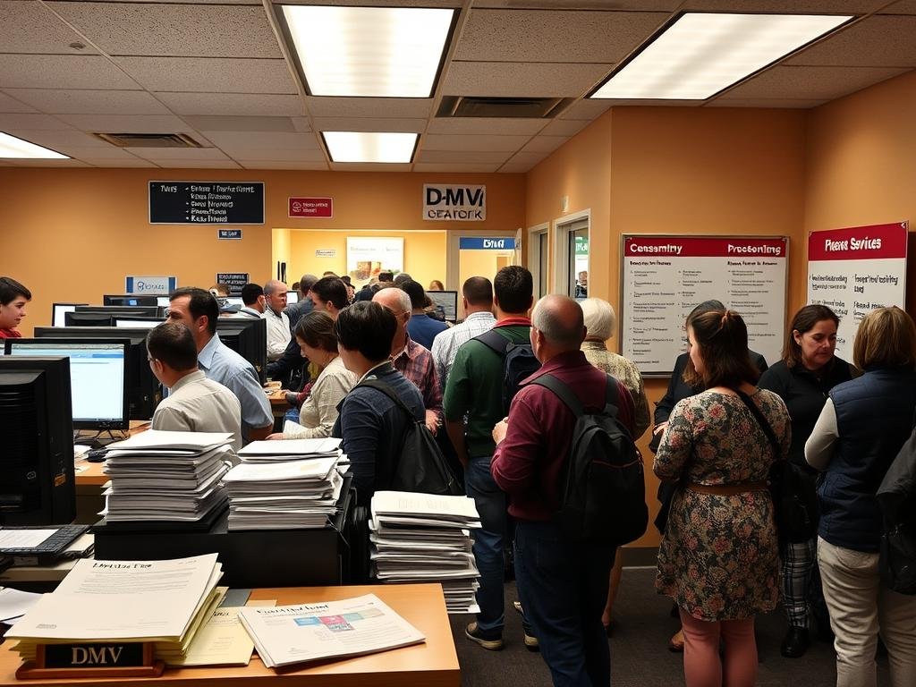 A bustling DMV office, illuminated by warm overhead lighting and the glow of computer screens. In the foreground, a desk with neatly stacked forms, pamphlets, and a nameplate. Frustrated yet determined consumers stand in line, navigating the bureaucratic maze. The middle ground features signage directing traffic flow and queuing systems. In the background, a wall-mounted display board showcases DMV services and procedures, subtly hinting at the practical knowledge needed to successfully interact with these essential government services.