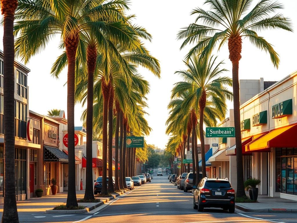 A bustling Sunbeam Road business corridor in Mandarin, Florida. Vibrant storefronts line the street, their signage and awnings casting warm afternoon shadows across the sidewalk. Towering palm trees sway gently in the breeze, filtering the golden sunlight that bathes the scene in a soft, natural glow. Parked cars and the occasional pedestrian add a sense of activity and liveliness to the well-maintained, picturesque commercial district. The overall atmosphere exudes a pleasant, small-town charm and community feel.
