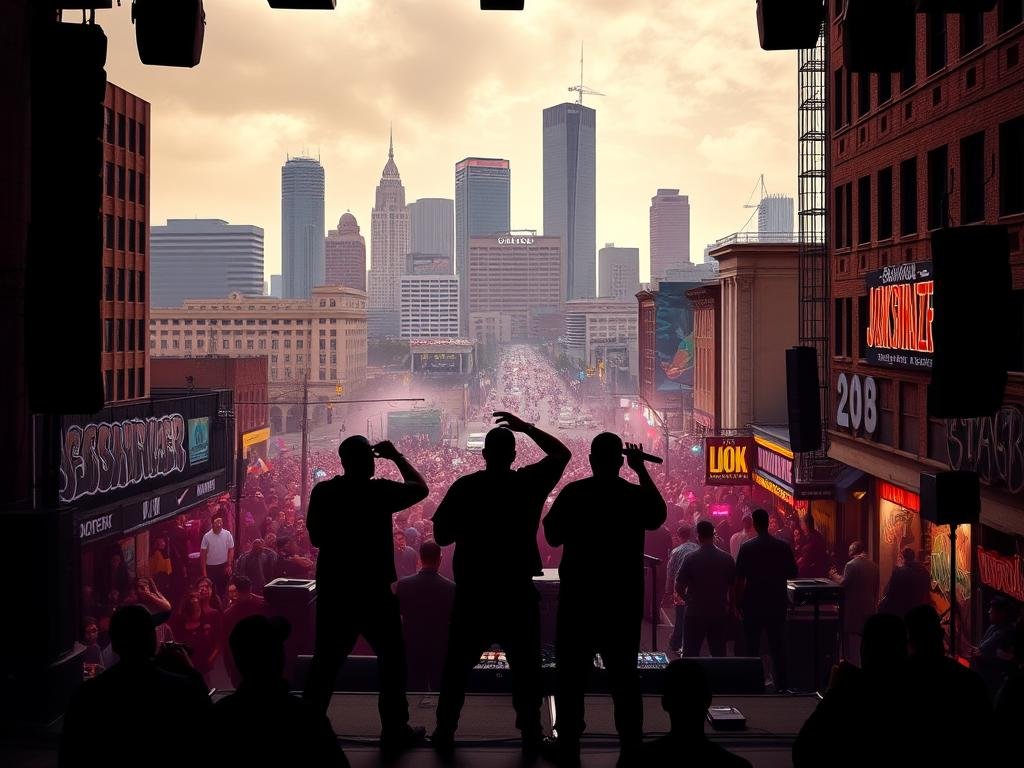 A bustling city skyline with towering skyscrapers and landmarks, set against a backdrop of a vibrant and diverse rap music scene. In the foreground, silhouettes of rappers and DJs performing on a stage, their movements captured in a dramatic, high-contrast lighting. The middle ground features a lively street scene with crowds of music fans, graffiti-covered walls, and neon signs hinting at the energy and creativity of the local hip-hop community. The background is hazy and atmospheric, with a sense of motion and energy, conveying the rich cultural and historical context of Jacksonville's rap legacy. A bustling city skyline with towering skyscrapers and landmarks, set against a backdrop of a vibrant and diverse rap music scene. In the foreground, silhouettes of rappers and DJs performing on a stage, their movements captured in a dramatic, high-contrast lighting. The middle ground features a lively street scene with crowds of music fans, graffiti-covered walls, and neon signs hinting at the energy and creativity of the local hip-hop community. The background is hazy and atmospheric, with a sense of motion and energy, conveying the rich cultural and historical context of Jacksonville's rap legacy.