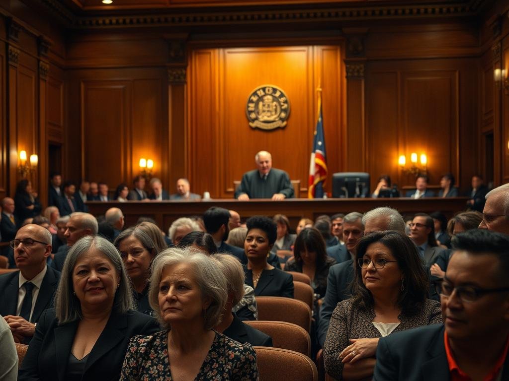 A bustling courtroom, dimly lit by warm, golden overhead lighting, as Oberliesen takes his seat on the bench, his judicial robe flowing elegantly. In the foreground, a diverse group of community members - lawyers, activists, and citizens - sit attentively, their faces reflecting a range of emotions, from hopeful anticipation to cautious optimism. The middle ground showcases the elegant wood-paneled walls and ornate detailing, conveying a sense of tradition and gravitas. The background fades into a soft, blurred perspective, emphasizing the significance of this moment for the local community.