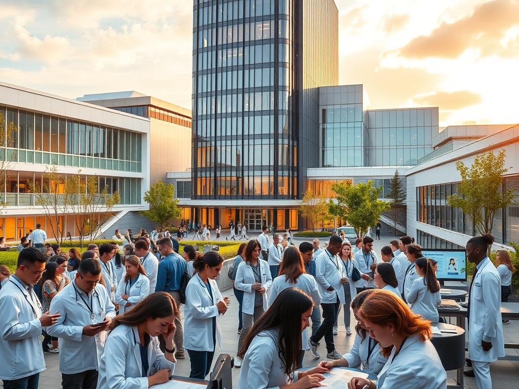 A bustling medical campus with a focus on education and professional development. In the foreground, students and medical residents engage in lively discussions, studying diagrams and exchanging ideas. The middle ground showcases modern lecture halls and simulation labs, equipped with the latest technology for hands-on learning. In the background, a towering building with sleek, contemporary architecture houses state-of-the-art continuing education facilities, where doctors and nurses refine their skills and keep up with the latest advancements in the field. Warm, natural lighting filters through large windows, creating a welcoming and inspiring atmosphere conducive to growth and discovery. A bustling medical campus with a focus on education and professional development. In the foreground, students and medical residents engage in lively discussions, studying diagrams and exchanging ideas. The middle ground showcases modern lecture halls and simulation labs, equipped with the latest technology for hands-on learning. In the background, a towering building with sleek, contemporary architecture houses state-of-the-art continuing education facilities, where doctors and nurses refine their skills and keep up with the latest advancements in the field. Warm, natural lighting filters through large windows, creating a welcoming and inspiring atmosphere conducive to growth and discovery.