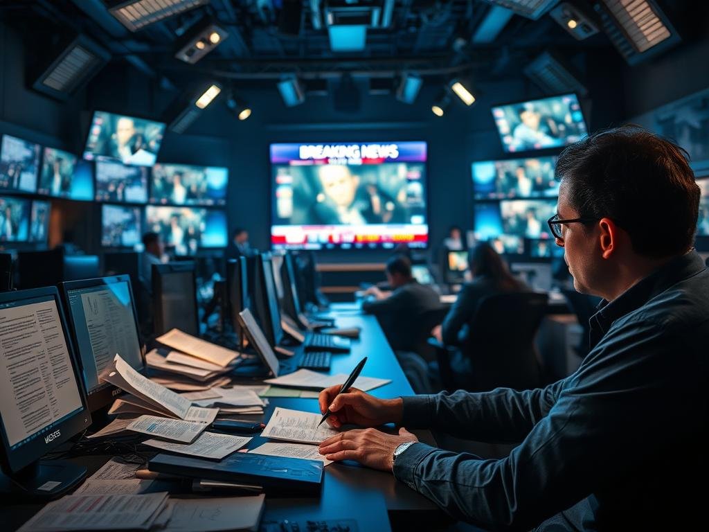 A bustling newsroom, dimly lit with the glow of computer screens, serves as the stage for a media narrative unfolding. In the foreground, a journalist sits at their desk, pen in hand, crafting a story that will soon capture the public's attention. Surrounding them, a collage of news clippings, social media posts, and hastily scribbled notes create a sense of urgency and a thirst for the latest developments. In the middle ground, a larger-than-life television screen displays a breaking news headline, casting an eerie blue hue over the scene. Shadows of uncertainty linger, hinting at the power of the media to shape perceptions and fuel speculation. The background fades into a blur of activity, as editors and producers rush to piece together the fragments of information, each decision potentially shaping the narrative that will be presented to the world. The atmosphere is charged with the weight of responsibility and the awareness that the media's role is not merely to report, but to guide the public's