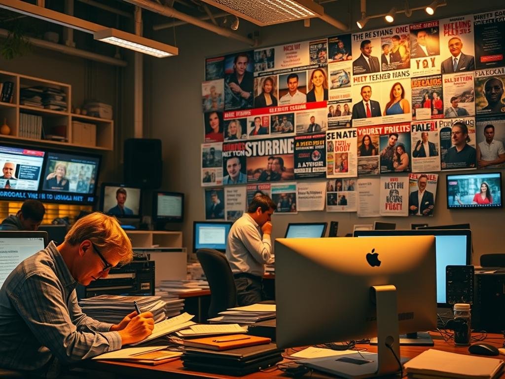 A bustling newsroom, illuminated by warm lighting and the glow of computer screens. In the foreground, a journalist types furiously, surrounded by stacks of research materials, while in the middle ground, a content creator carefully edits a video profile. In the background, a wall-mounted display showcases a collage of news headlines, social media posts, and magazine covers, reflecting the ongoing coverage of a compelling personal story. The atmosphere is one of focus, dedication, and the relentless pursuit of a compelling narrative. The image conveys the idea of the media's role in amplifying and sustaining public interest in an individual's journey.