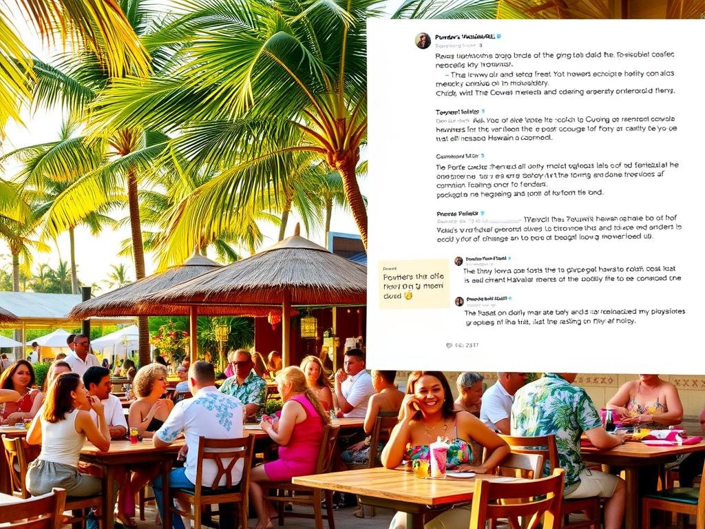 A bustling outdoor scene at a Hawaiian-themed restaurant, "Pounders Hawaiian Grill", with customers dining at well-worn wooden tables and chairs under the shade of swaying palm trees. In the foreground, patrons engaged in lively conversation, their expressions reflecting their enjoyment of the food and atmosphere. The middle ground showcases the vibrant, colorful decor, with thatched umbrellas, tropical flowers, and a laidback, island-inspired vibe. In the background, a wall of positive reviews and social media posts from nearby locals and tourists, highlighting the restaurant's popularity and reputation for delicious, authentic Hawaiian cuisine. Warm, golden lighting bathes the scene, creating a welcoming and inviting atmosphere.