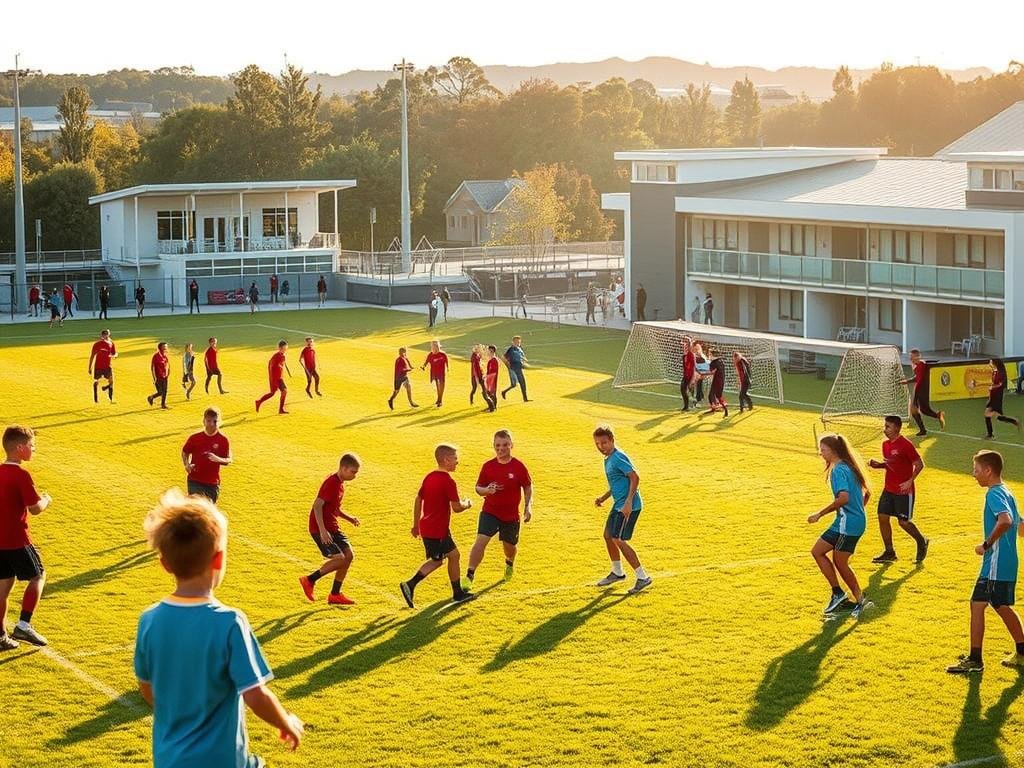 A bustling sports facility, its grounds filled with the energy of local teams and aspiring athletes. In the foreground, a group of young players engaged in drills, their faces alight with determination. The middle ground features a well-maintained playing field, the freshly mowed grass shimmering under the warm, golden light of the afternoon sun. In the background, a series of modern, well-equipped training facilities, their sleek architectural design lending an air of professionalism to the scene. The atmosphere is one of focused intensity, a hub of local sports excellence where the next generation of champions is forged.