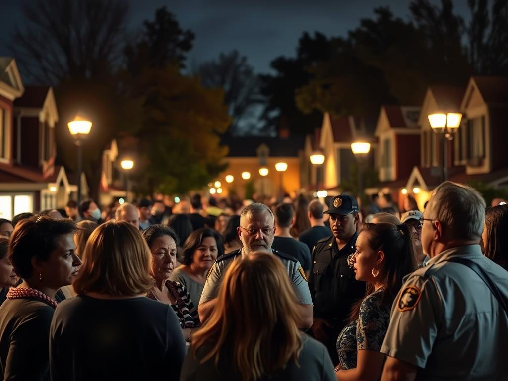 A bustling town square, the heart of the community, is illuminated by the warm glow of streetlights. In the foreground, a group of concerned citizens gather, their expressions a mix of sorrow and determination, as they discuss the recent events that have shaken their neighborhood. In the middle ground, uniformed officers stand vigilant, their faces etched with a somber resolve, representing the law enforcement's response to the situation. In the background, the silhouettes of buildings and trees create a sense of stability, yet the tension in the air is palpable, reflecting the profound impact this incident has had on the community.