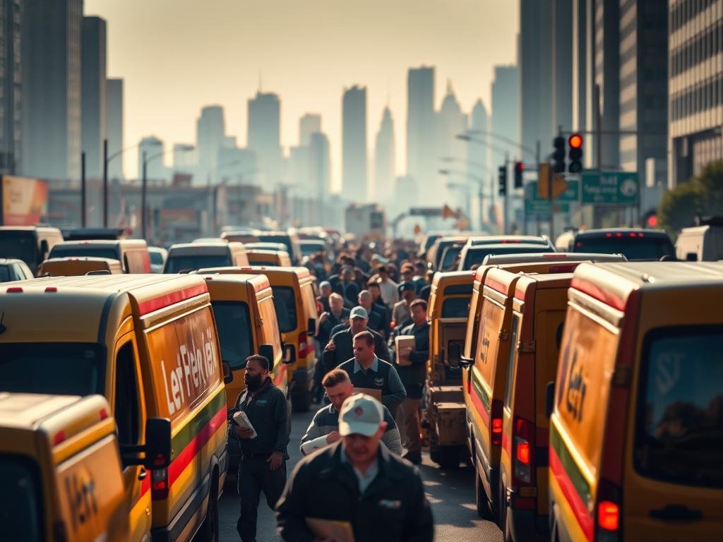 A bustling urban landscape, the foreground dominated by a fleet of delivery vans and trucks, their drivers hurriedly loading and unloading packages. In the middle ground, a crowd of concerned workers gathered, anxious expressions on their faces as they contemplate the impact of job losses. The background blurs into a hazy cityscape, skyscrapers and traffic signals hinting at the broader economic forces at play. Dramatic lighting casts long shadows, lending a sense of weight and gravity to the scene. The overall mood is one of uncertainty and unease, capturing the precarious nature of the delivery driver workforce in the face of changing industry dynamics.
