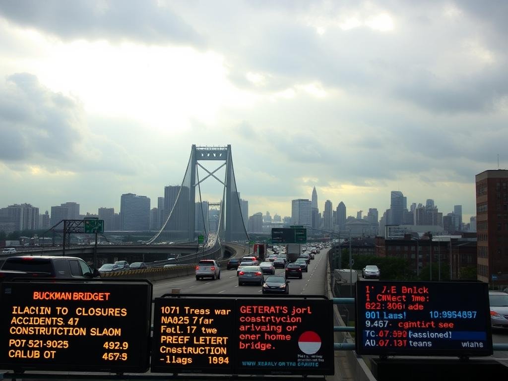 A bustling urban landscape with the Buckman Bridge prominently featured. In the foreground, a series of digital displays show real-time updates on closures, accidents, and construction along the bridge. The displays are illuminated, casting a warm glow across the scene. In the middle ground, cars and trucks travel across the bridge, their headlights and taillights creating a sense of motion and activity. The background features a cloudy, overcast sky, with the sun peeking through, casting dramatic shadows and highlights across the cityscape. The overall mood is one of anticipation and information-seeking, as residents navigate the daily challenges of the Buckman Bridge.