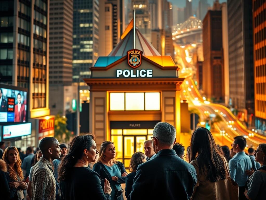 A bustling urban setting, with a well-lit police station at the center, its facade adorned with the emblems of public service. In the foreground, a diverse group of community members engage in a thoughtful discussion, their faces conveying a mix of concern and trust. Warm lighting casts a unifying glow, emphasizing the collaborative spirit. In the background, a cityscape of towering buildings and winding streets, symbolizing the broader context of the community's relationship with law enforcement. The scene evokes a sense of open dialogue, transparency, and a shared commitment to public safety.
