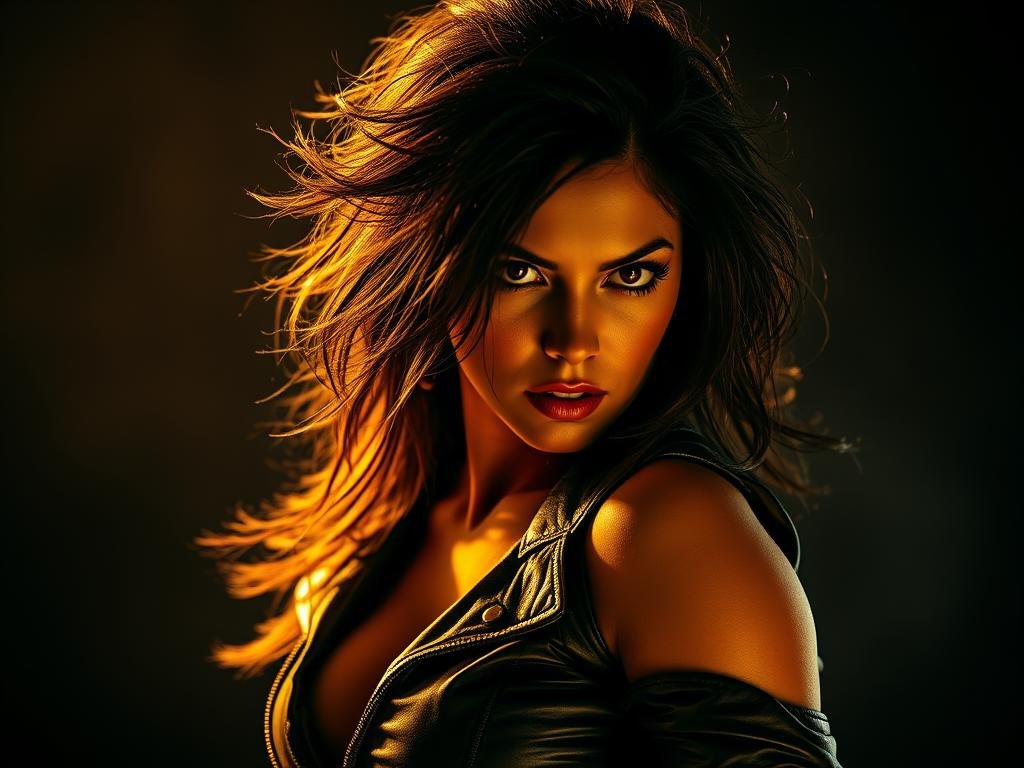 A captivating portrait of a rock & roll woman, her eyes blazing with defiant energy, framed by a tousled mane of raven-dark hair. Against a moody, chiaroscuro backdrop, she stands in a bold, dynamic pose, her leather-clad form radiating raw power and unbridled passion. The warm, golden lighting casts dramatic shadows, accentuating the rugged, angular features of her face - a face that speaks of experience, resilience, and a deep, primal connection to the untamed spirit of rock & roll. A sense of movement and rhythm permeates the scene, as if she's about to burst into an explosive, soulful performance that will shake the very foundations of the stage.