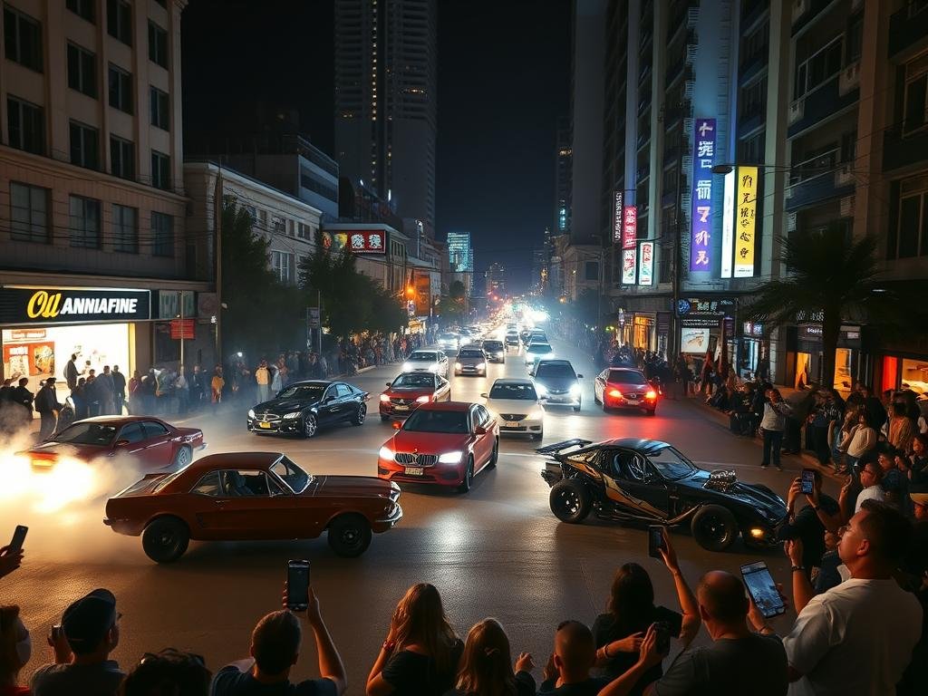 A chaotic night scene of a bustling street takeover. In the foreground, a group of modified vehicles perform daring maneuvers, tires screeching and engines roaring. Spectators line the sidewalks, phones raised to capture the spectacle. The middle ground features a tangle of cars weaving through the intersection, neon-lit storefronts casting an eerie glow. In the background, towering buildings loom ominously, suggesting the illicit nature of the event. The lighting is harsh, creating dramatic shadows and highlighting the sense of lawlessness. The overall mood is one of excitement, danger, and the thrill of the forbidden.