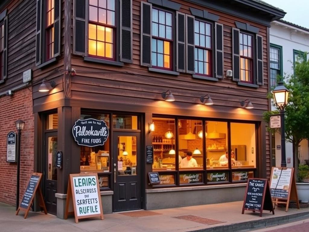 A charming two-story building with a rustic facade and large windows overlooking the quaint streets of Avondale Estates. The warm, inviting glow of interior lighting spills out onto the sidewalk, beckoning passersby to step inside Pallookaville Fine Foods. Whimsical signage and a carefully curated display of artisanal products in the storefront create a sense of intimate neighborhood character. Through the windows, glimpse the bustling kitchen, where chefs skillfully prepare seasonal, locally-sourced dishes. The atmosphere is one of cozy sophistication, a gathering place for the community to savor the flavors of this beloved establishment. A charming two-story building with a rustic facade and large windows overlooking the quaint streets of Avondale Estates. The warm, inviting glow of interior lighting spills out onto the sidewalk, beckoning passersby to step inside Pallookaville Fine Foods. Whimsical signage and a carefully curated display of artisanal products in the storefront create a sense of intimate neighborhood character. Through the windows, glimpse the bustling kitchen, where chefs skillfully prepare seasonal, locally-sourced dishes. The atmosphere is one of cozy sophistication, a gathering place for the community to savor the flavors of this beloved establishment.