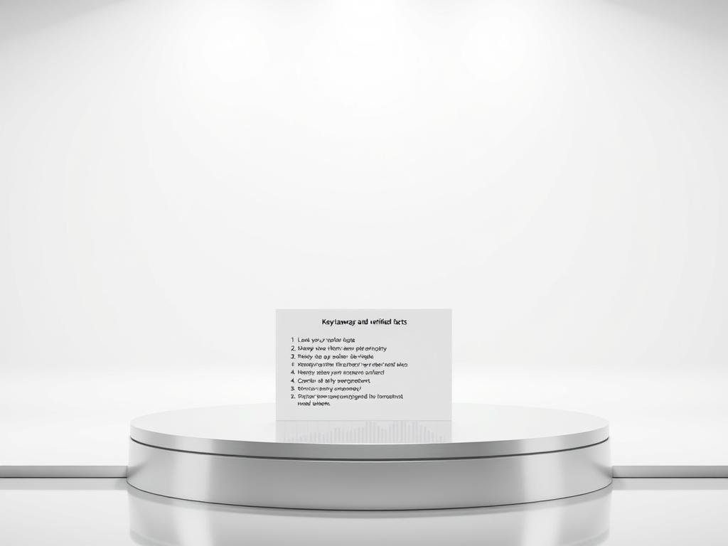 A clean, stark white background setting the stage. In the foreground, a polished metal podium stands, reflecting the bright studio lighting overhead. On the podium, a sleek, minimalist design displays a series of concise bullet points - the "Key takeaways and verified facts" being presented. The middle ground features a subtle grid or graph pattern, hinting at the analytical data supporting the information. In the background, a muted, neutral color palette suggests an air of authority and professionalism, allowing the key details to take center stage.