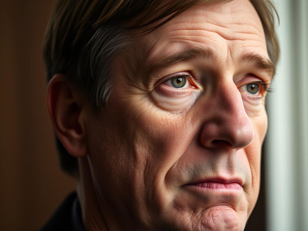 A close-up portrait of a middle-aged Caucasian man with short brown hair and a serious expression on his face. The lighting is soft and natural, with a slight shadow on the left side of his face. The background is blurred and indistinct, creating a sense of focus on the subject. The man's gaze is directed slightly to the side, giving the impression of thoughtfulness or introspection. The overall mood is somber and contemplative, reflecting the gravity of the situation described in the article.