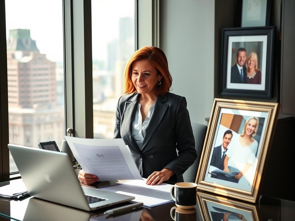 A confident woman in professional business attire stands at a desk, thoughtfully reviewing documents related to her mayoral duties while glancing at a framed photo of her husband, symbolizing the balance between marriage and public service. The foreground features a tidy workspace with a laptop, notepad, and a coffee mug, conveying productivity. In the middle, the woman has an engaging expression, radiating determination and warmth. The background showcases a cityscape from an office window, softly illuminated by natural sunlight, creating an inviting atmosphere. The image captures a moment of contemplation, highlighting her role as a leader navigating personal and professional responsibilities, evoking a sense of harmony and dedication. A confident woman in professional business attire stands at a desk, thoughtfully reviewing documents related to her mayoral duties while glancing at a framed photo of her husband, symbolizing the balance between marriage and public service. The foreground features a tidy workspace with a laptop, notepad, and a coffee mug, conveying productivity. In the middle, the woman has an engaging expression, radiating determination and warmth. The background showcases a cityscape from an office window, softly illuminated by natural sunlight, creating an inviting atmosphere. The image captures a moment of contemplation, highlighting her role as a leader navigating personal and professional responsibilities, evoking a sense of harmony and dedication.
