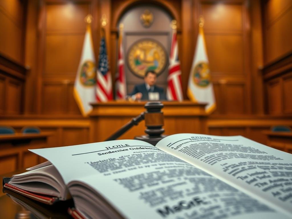 A courtroom interior with warm lighting, focused on a judge's bench and gavel against a backdrop of Florida state flags. In the foreground, a law book open to a section on juvenile sentencing guidelines, its pages crisp and well-thumbed. The atmosphere is solemn, reflecting the gravity of legal decisions regarding minors. The lens is tilted slightly upward to convey the authority of the judiciary, while the shallow depth of field keeps the focus on the essential elements. This image aims to visually encapsulate the legal standards and procedures governing juvenile sentencing in the state of Florida.
