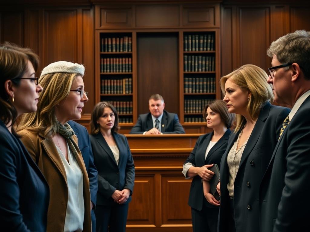 A courtroom scene depicting a custody and visitation dispute between the Bridegan and Gardner families. In the foreground, two groups of professional individuals in business attire are engaged in a tense conversation, showing a mix of concern and determination on their faces. In the middle, a judge sits at the bench, looking towards the families with a stern but compassionate expression, emphasizing the seriousness of the proceedings. The background features a traditional courtroom setting with wooden paneling, bookshelves filled with legal volumes, and soft lighting that creates a solemn atmosphere. The angle is slightly elevated, capturing the emotional weight of the moment, with warm, diffused lighting illuminating the scene to enhance the mood of conflict and resolution.