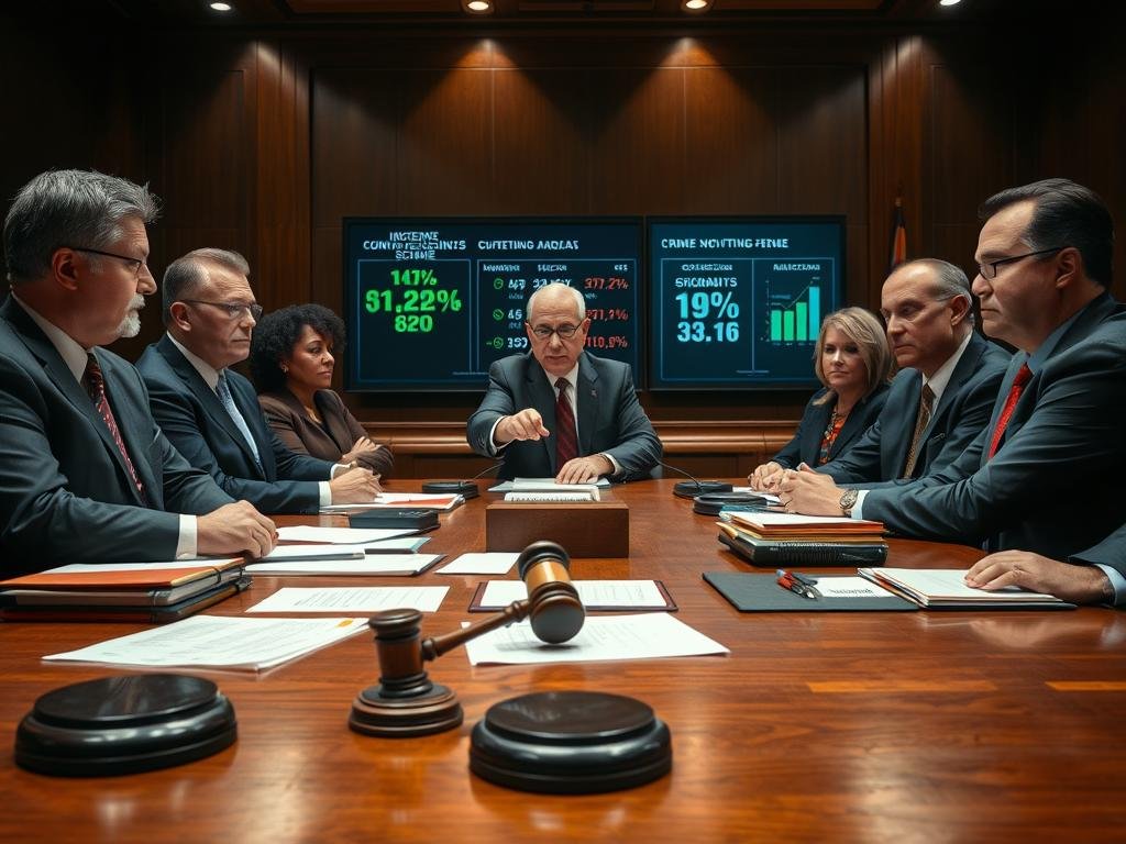 A courtroom scene depicting a serious and tense atmosphere, focusing on a large wooden table in the foreground, cluttered with legal documents, case files, and a gavel. In the middle, a diverse group of prosecutors in professional attire, including suits and glasses, intense expressions as they discuss specific incidents of a swatting scheme. A high-ranking official can be seen pointing to a digital display with crime statistics in the background, highlighting the severity of the case. The lighting is dramatic, with focused beams illuminating the table, creating shadows that add depth. The angle is slightly elevated, showcasing the earnestness of the meeting while maintaining a sense of gravity and professionalism in the legal setting. A courtroom scene depicting a serious and tense atmosphere, focusing on a large wooden table in the foreground, cluttered with legal documents, case files, and a gavel. In the middle, a diverse group of prosecutors in professional attire, including suits and glasses, intense expressions as they discuss specific incidents of a swatting scheme. A high-ranking official can be seen pointing to a digital display with crime statistics in the background, highlighting the severity of the case. The lighting is dramatic, with focused beams illuminating the table, creating shadows that add depth. The angle is slightly elevated, showcasing the earnestness of the meeting while maintaining a sense of gravity and professionalism in the legal setting.