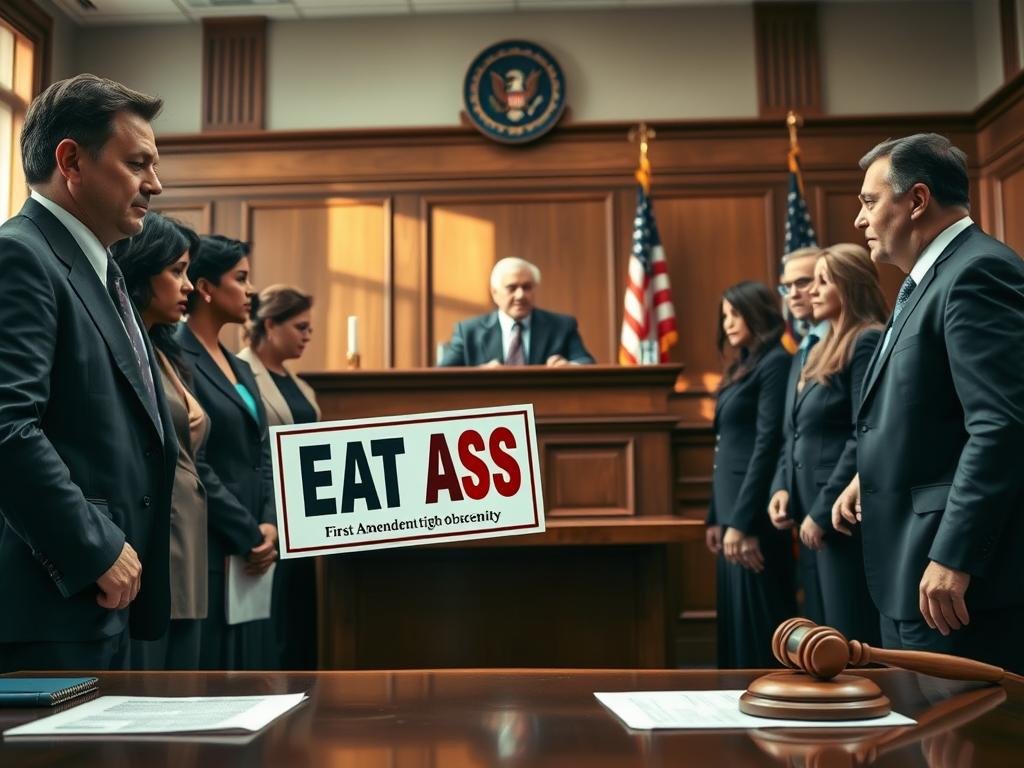 A courtroom scene depicting the debate over the "I Eat Ass" sticker, highlighting First Amendment rights versus obscenity. In the foreground, a diverse group of serious yet engaged individuals, dressed in professional business attire, stands at a table with legal documents and a colorful sticker prominently displayed. In the middle ground, a judge presides over the courtroom, with a thoughtful expression, and attorneys passionately addressing the court. The background features courtroom elements like wooden benches, a gavel, and the American flag. Soft, natural lighting filters through the windows, creating a respectful atmosphere, ensuring a focus on dialogue and importance of civic rights. The angle captures both the sticker and the legal proceedings, emphasizing the contrasts in this pivotal case.