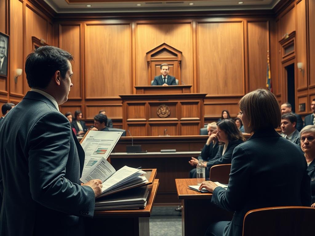 A courtroom scene depicting the prosecution's arguments regarding a serious case. In the foreground, a well-dressed prosecutor stands confidently at a podium, delivering a passionate speech. They are surrounded by legal documents and evidence, like photographs and charts, portraying the aggravating factors of the case. The middle ground features attentive jurors, their faces reflecting concern as they listen intently. The background showcases an imposing judge seated high on a bench, emphasizing the gravity of the situation. Soft, dramatic lighting casts shadows, enhancing the tense atmosphere, while a wide-angle perspective captures the claustrophobic feel of a courtroom. The overall mood is serious, reflecting the weight of justice being sought.