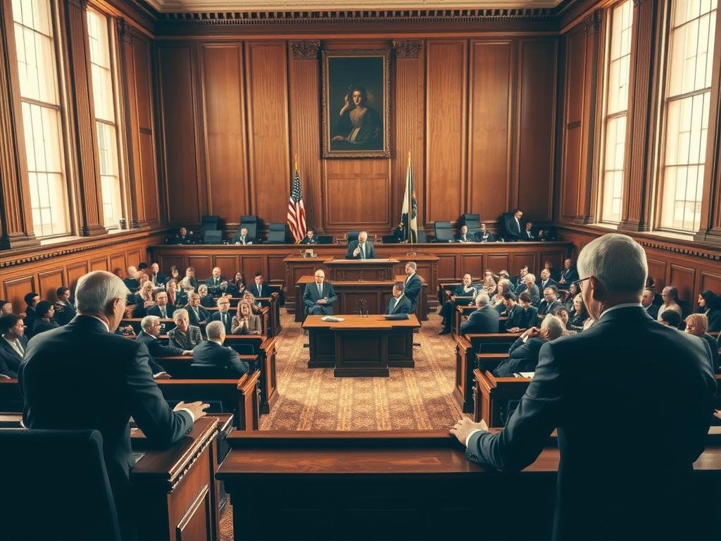 A courtroom scene with the judge's bench in the foreground, illuminated by warm, natural lighting filtering through tall windows. The defense and prosecution tables are arranged in the middle ground, with lawyers engaged in discussion. In the background, rows of wooden benches are occupied by attentive observers. The atmosphere is one of seriousness and anticipation, with a sense of the gravity of the proceedings unfolding. The camera angle is slightly elevated, providing a panoramic view of the courtroom's activity and dynamics.