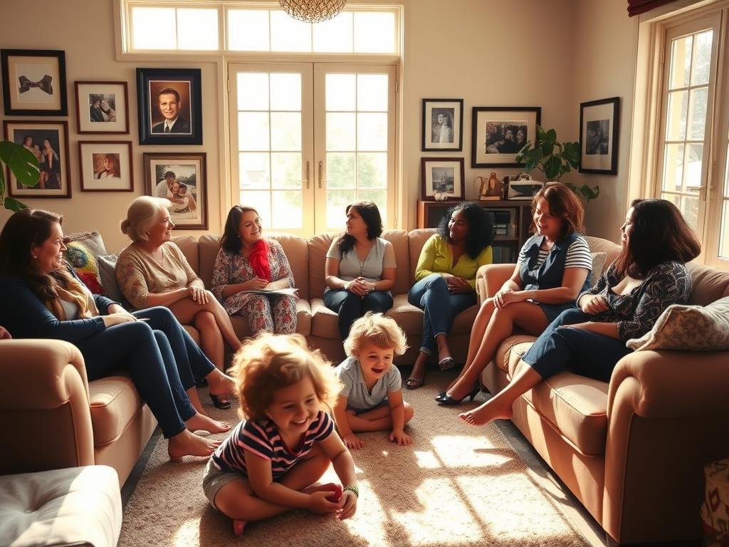 A cozy living room, bathed in warm, natural light filtering through large windows. In the foreground, a group of women sitting on plush sofas, engaged in animated conversation, their expressions conveying a sense of camaraderie and support. In the middle ground, children playing on the floor, their laughter and joy adding to the atmosphere of community. Framed photographs and artwork adorn the walls, reflecting the diverse lives and stories of the inhabitants. The overall mood is one of comfort, connection, and a shared determination to uplift and empower one another. A sense of hope and possibility permeates the scene, a testament to the power of partnerships and community collaboration.