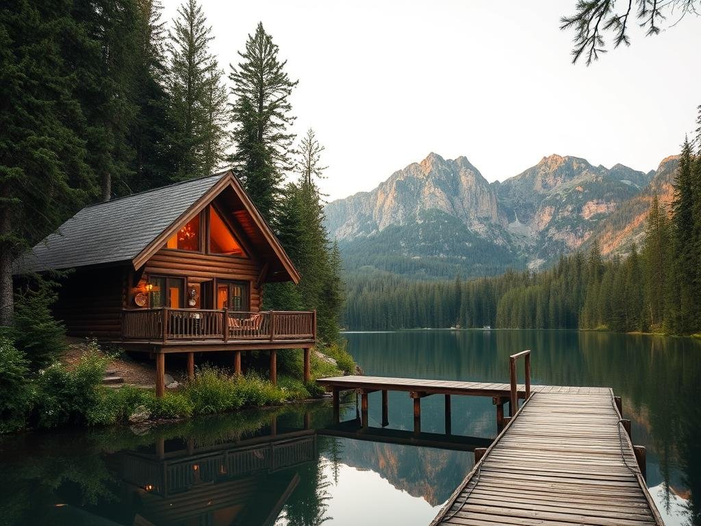 A cozy wooden cabin nestled amidst lush, verdant forests, its warm lights casting a soft glow across the tranquil landscape. The cabin is situated on the edge of a serene lake, its still waters reflecting the towering mountains in the distance. A wooden dock extends out over the lake, inviting guests to relax and take in the serene natural beauty. The cabin's rustic exterior blends seamlessly with its surroundings, creating a harmonious and immersive experience. Warm, earthy tones and natural materials throughout the interior provide a sense of comfort and connection to the outdoors. Large windows offer panoramic views, allowing guests to experience the untamed magic of the island's wilderness while enjoying the high-end amenities of the cabin. A cozy wooden cabin nestled amidst lush, verdant forests, its warm lights casting a soft glow across the tranquil landscape. The cabin is situated on the edge of a serene lake, its still waters reflecting the towering mountains in the distance. A wooden dock extends out over the lake, inviting guests to relax and take in the serene natural beauty. The cabin's rustic exterior blends seamlessly with its surroundings, creating a harmonious and immersive experience. Warm, earthy tones and natural materials throughout the interior provide a sense of comfort and connection to the outdoors. Large windows offer panoramic views, allowing guests to experience the untamed magic of the island's wilderness while enjoying the high-end amenities of the cabin.