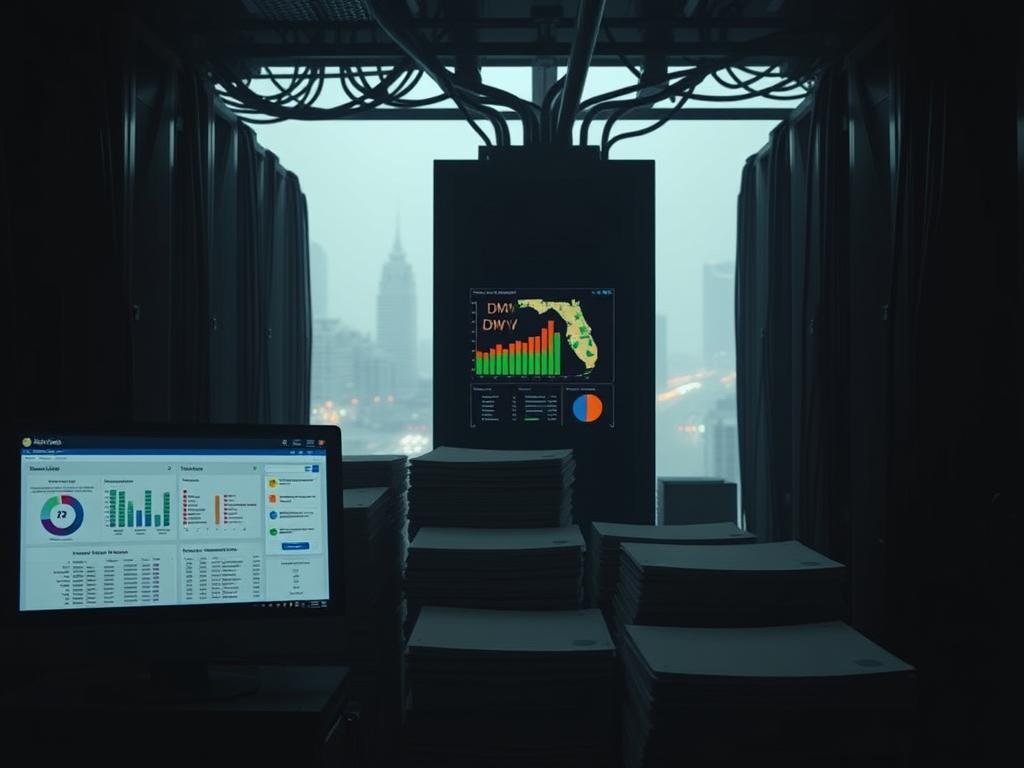 A dark, ominous data center, its servers and cables shrouded in shadows, symbolizes the hidden world of insurance "shadow rating." In the foreground, a computer screen displays a complex dashboard of DMV data from Florida, its colors and charts evoking a sense of unease. The middle ground reveals stacks of physical files, each representing a driver's personal information, hinting at the vast trove of data being traded. The background is a hazy cityscape, its skyscrapers and streetlights casting an uneasy glow, alluding to the far-reaching implications of this hidden practice. The scene conveys the unseen forces at play, the confluence of insurance and government data, and the need for transparency and oversight.