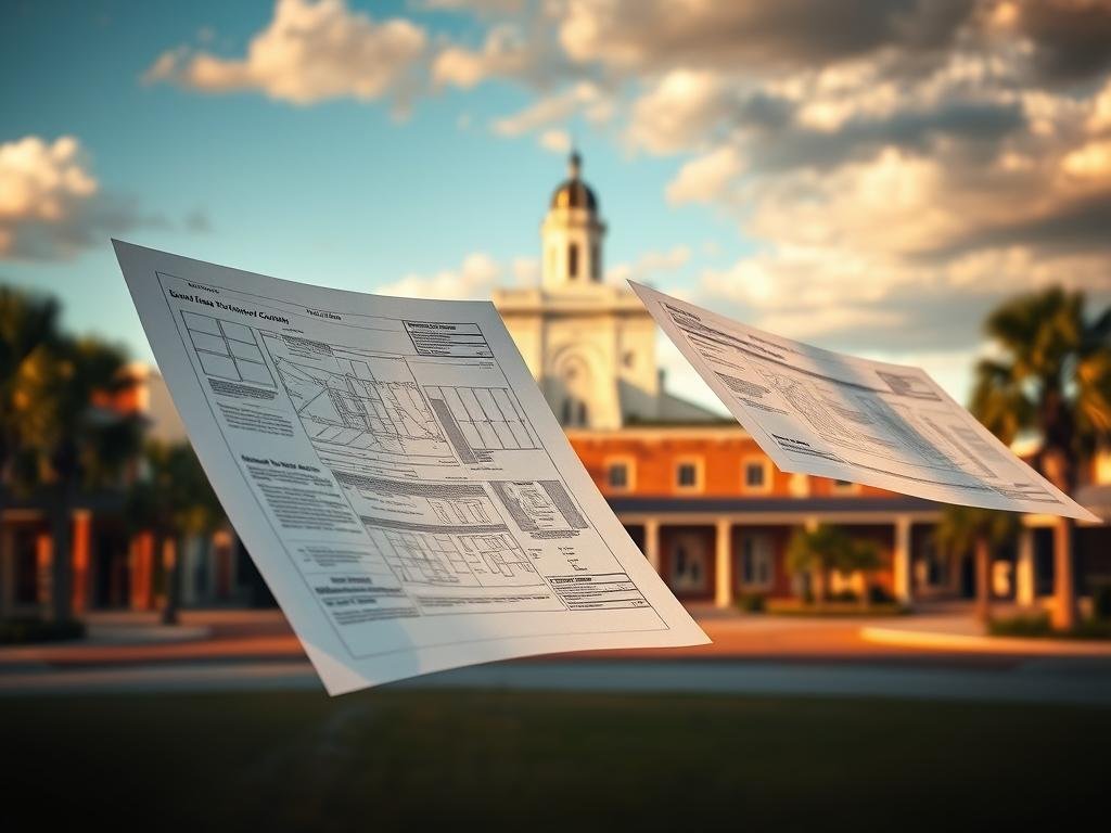 A detailed architectural timeline unfolds against the backdrop of a quaint town square in Milton, Florida. In the foreground, a series of blueprints and permits hover, illuminated by warm, directional lighting that casts subtle shadows. The middle ground features a row of historic buildings, their facades meticulously rendered in a classic Southern style, conveying a sense of timeless charm. In the distance, the Santa Rosa County courthouse stands tall, its stately presence a symbol of the bureaucratic process that governs the town's development. The overall mood is one of diligent progress, with a touch of nostalgic contemplation as the community navigates the necessary steps to shape its future.