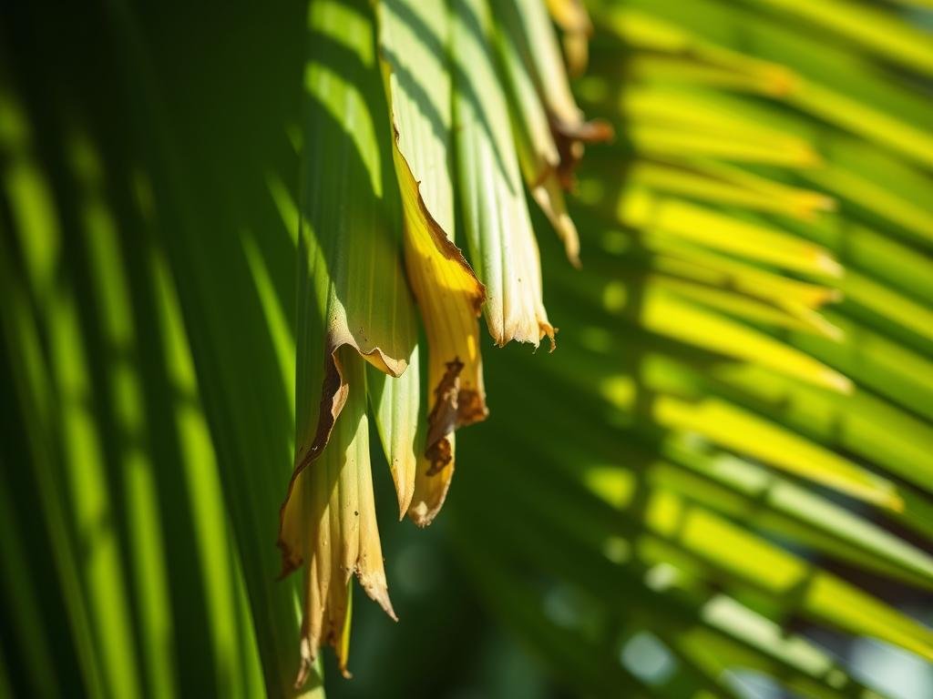 A detailed close-up of a sago palm leaf, its fronds displaying the distinct yellowing, curling, and necrosis characteristic of sago palm poisoning. The leaf is illuminated by soft, diffused natural light, casting subtle shadows that accentuate the textural details. The image is captured with a macro lens, ensuring a crisp, high-resolution rendering of the plant's damaged foliage. The background is blurred, maintaining the focus on the clinical symptoms manifested in the leaf's deterioration, conveying a sense of concern and the need for vigilance regarding this potentially toxic plant. A detailed close-up of a sago palm leaf, its fronds displaying the distinct yellowing, curling, and necrosis characteristic of sago palm poisoning. The leaf is illuminated by soft, diffused natural light, casting subtle shadows that accentuate the textural details. The image is captured with a macro lens, ensuring a crisp, high-resolution rendering of the plant's damaged foliage. The background is blurred, maintaining the focus on the clinical symptoms manifested in the leaf's deterioration, conveying a sense of concern and the need for vigilance regarding this potentially toxic plant.