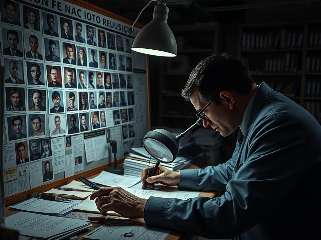 A detailed forensic investigation scene showcasing a large, well-organized board displaying a collection of composite images and photographs of potential suspects. In the foreground, a detective in professional attire examines DNA evidence under a focused desk lamp, with a magnifying glass in hand. The middle layer includes various files, notes, and pieces of evidence scattered around, creating an atmosphere of intense scrutiny. The background reveals a dimly lit room filled with shelves of case files and forensic tools. The lighting is dramatic, casting shadows that enhance the sense of urgency and importance. The overall mood is serious and focused, reflecting the meticulous nature of criminal investigation work.