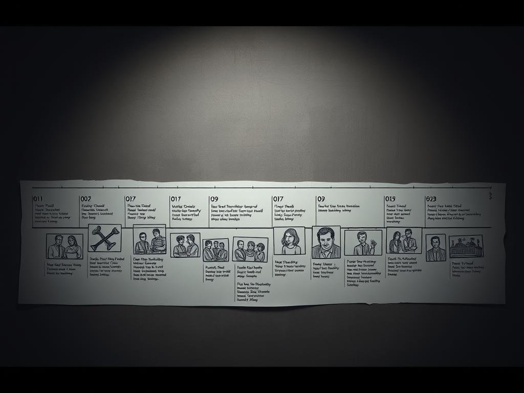A detailed timeline of critical events unfolding against a somber backdrop. In the foreground, a sequence of sketches chronicling the investigation and legal proceedings - police interviews, courtroom scenes, and the final verdict. The middle ground showcases a visual representation of the timeline, with key dates and milestones highlighted. In the background, a muted palette evokes the gravity of the situation, with subtle textures and shadows adding depth and atmosphere. The overall composition conveys the methodical progression of the case, leading to the final sentencing. Realistic lighting and a cinematic camera angle lend a sense of importance to the subject matter.