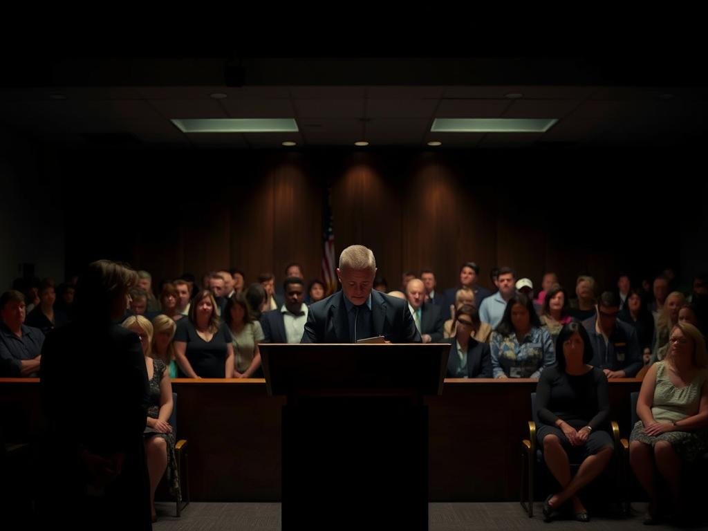 A dimly lit Florida courtroom, the atmosphere somber and solemn. In the foreground, a podium stands, a single spotlight illuminating the faces of grieving family members as they share their heartbreaking stories. Behind them, the defendant sits quietly, the weight of their actions reflected in their downcast expression. In the background, the community gathers, their expressions a mix of sorrow, anger, and a longing for justice. The scene is captured through a wide-angle lens, emphasizing the vastness of the space and the gravity of the situation. The lighting is moody and dramatic, with shadows casting a sense of unease over the proceedings. This image aims to convey the complex emotions and perspectives that surround Florida's capital cases, where the lines between victim, community, and the accused are often blurred.