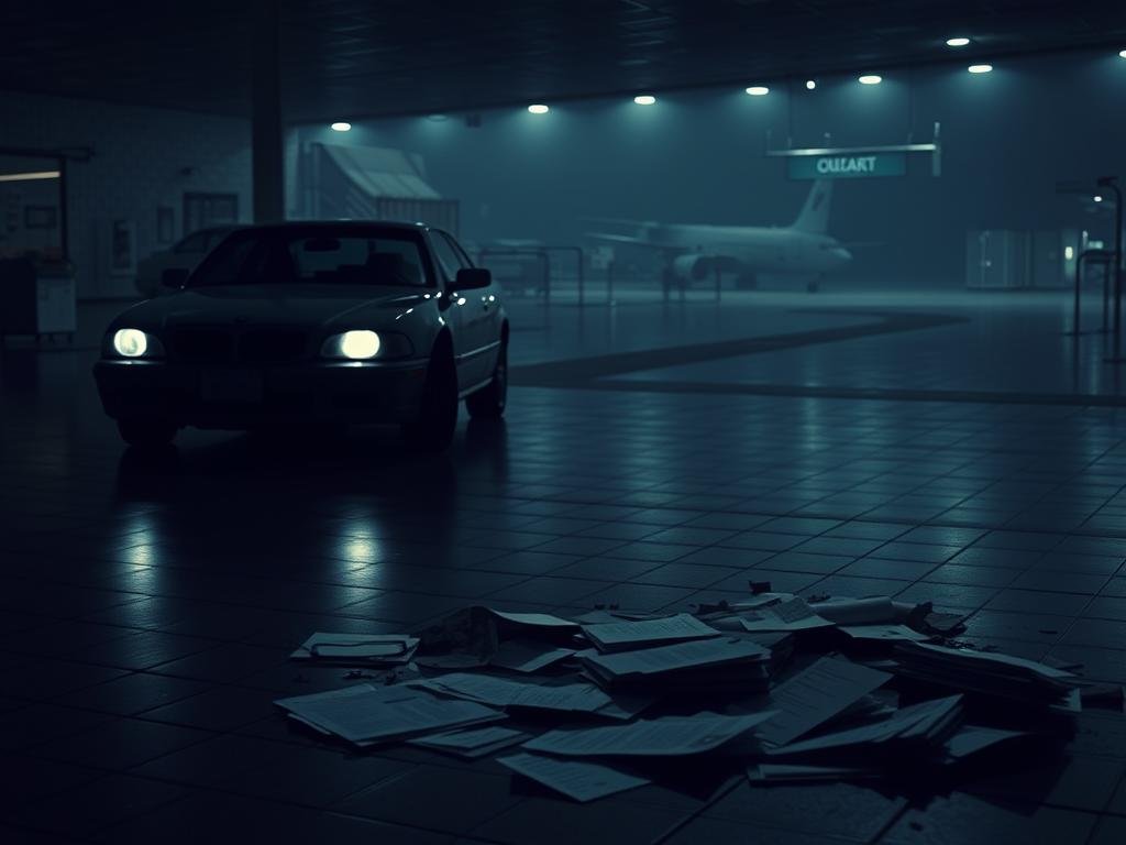 A dimly lit airport terminal, with a sense of unease and mystery. In the foreground, an abandoned car stands alone, its headlights casting a haunting glow. In the middle ground, a pile of discarded text messages and case files litter the tiled floor, hinting at the early stages of an investigation. The background is shrouded in shadow, leaving the viewer to wonder what lies beyond, what clues or secrets remain hidden. The scene is captured with a cinematic, almost noir-like quality, the lighting and composition creating a palpable sense of tension and uncertainty.