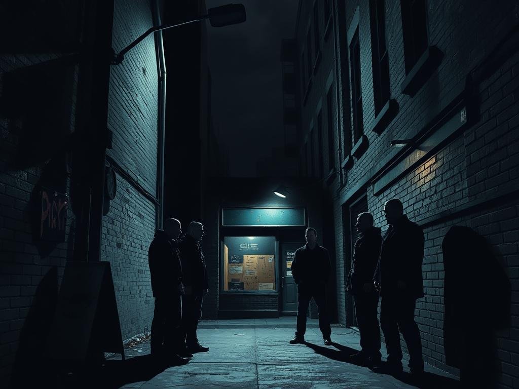 A dimly lit back alley, gritty and foreboding, with imposing shadows cast by towering buildings. In the foreground, a group of figures in dark attire, their faces obscured, engage in a tense negotiation. The middle ground reveals a small business, its windows boarded up, a stark reminder of the consequences of refusing to comply with their demands. The background hints at the broader cityscape, a stark contrast between the criminal element and the everyday struggles of honest enterprise. The scene evokes a sense of unease, a cautionary tale of the perils that businesses may face when confronted with the realities of gang-related extortion.