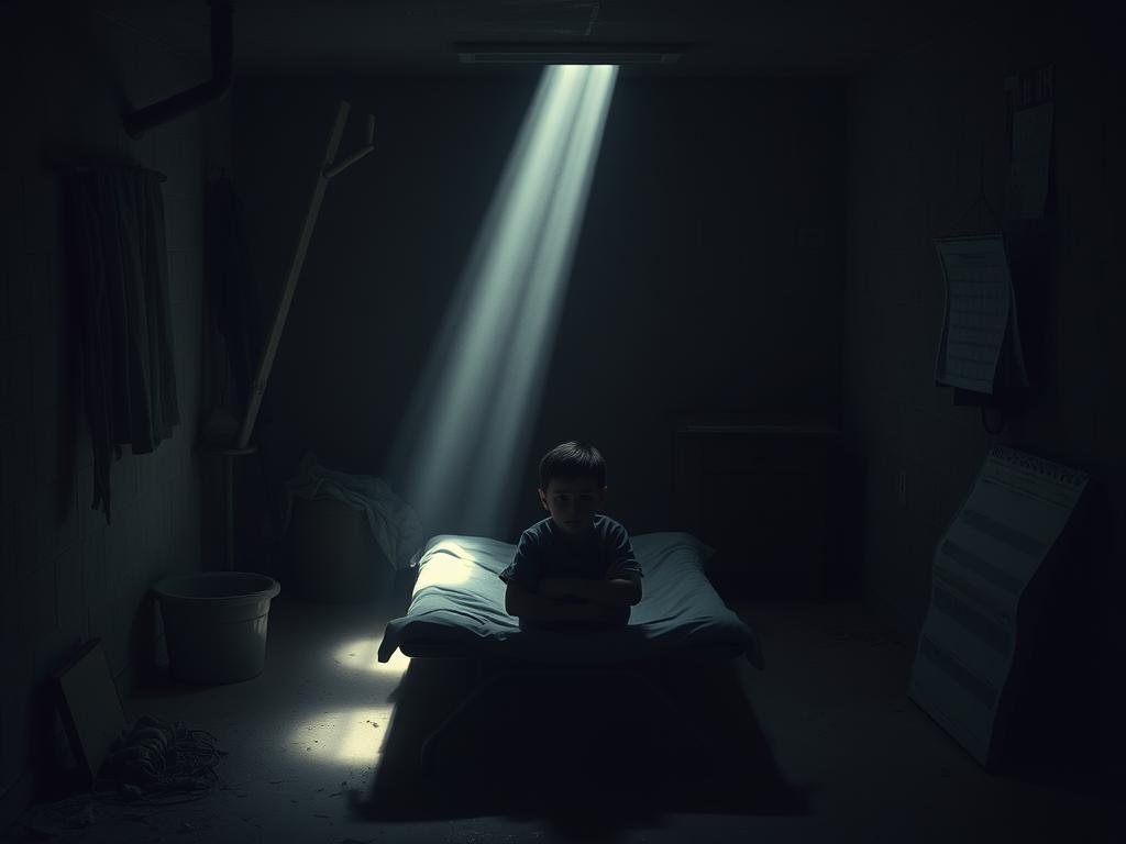 A dimly lit basement interior, with sparse, shadowy furnishings. In the foreground, a young boy sits huddled on a simple cot, his expression somber and uncertain. Shafts of light pierce the gloom, casting eerie shadows across the cement walls. The air is thick with an ominous atmosphere, suggesting the passage of time and the boy's desperate confinement. The scene is captured with a cinéma vérité style, utilizing low-angle shots and a muted color palette to evoke a sense of dread and unease. Subtle details, such as a discarded toy or a tattered calendar, hint at the boy's experience and the duration of his captivity.