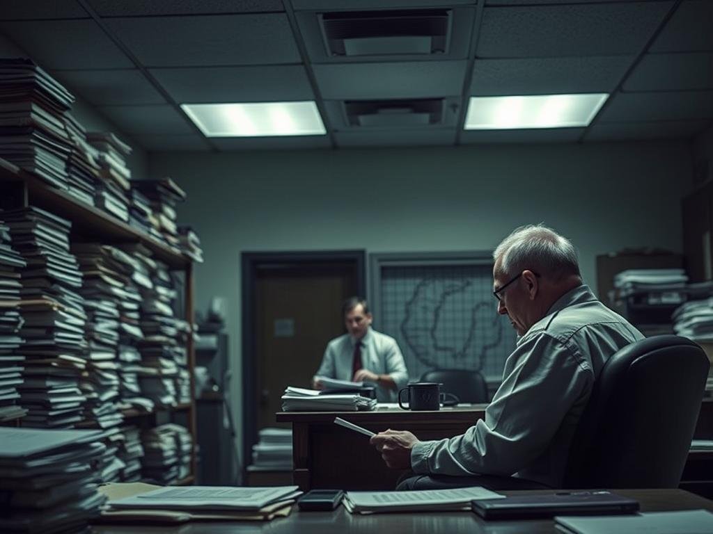 A dimly lit bureaucratic office, the walls lined with stacks of files and paperwork. In the foreground, a weary parole officer sits at a cluttered desk, poring over documents and case files. The middle ground reveals a tense meeting, as a parolee pleads their case before the officer, their face etched with uncertainty. The background casts a somber mood, with fluorescent lights casting harsh shadows, symbolizing the scrutiny and complexity of Florida's parole process. The scene conveys the heavy burden of decision-making and the human impact of a system under intense public scrutiny.