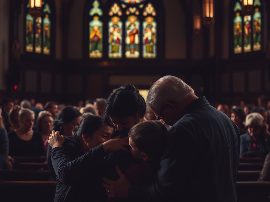A dimly lit church interior, the stained glass windows casting a somber glow. In the foreground, a family huddled together, their expressions pained and sorrowful. The mother comforts a weeping child, while the father's head is bowed in grief. In the middle ground, the congregation gathers, their faces etched with concern and confusion. The atmosphere is heavy with the weight of a tragic event, the impact of which resonates through the pews and the lives of those affected.