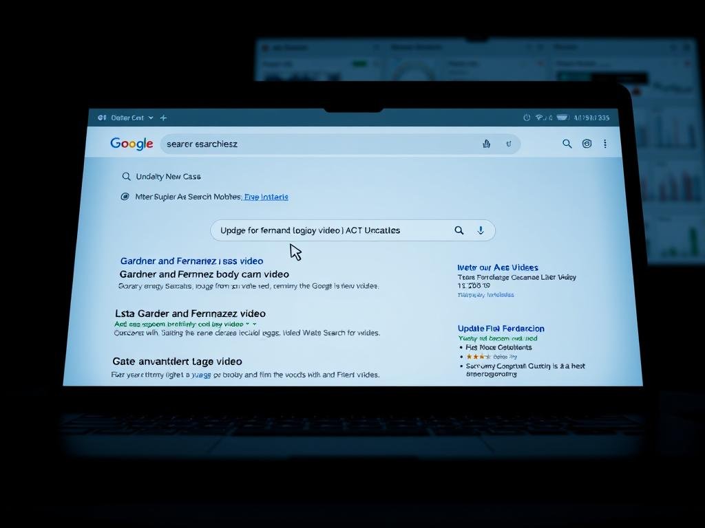 A dimly lit, computer-generated scene depicting a search engine results page (SERP) on a laptop screen. In the foreground, a cursor hovers over a list of search suggestions related to the names "Gardner" and "Fernandez", along with updates on the case. The middle ground features a stylized Google search bar with the query "Gardner and Fernandez body-cam video" in the input field. In the background, a subtle grid of search engine optimization (SEO) metrics and analytics panels provide context. The overall mood is one of focused research and information gathering, with a sense of urgency and importance.