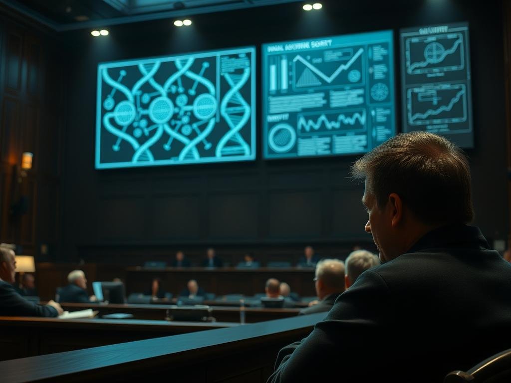 A dimly lit courtroom interior, the witness stand in focus. Bright spotlights illuminate the solemn faces of the judge, jury, and legal teams, heightening the gravity of the DNA testimony unfolding before them. Intricate scientific diagrams and charts are projected onto a large screen, casting an eerie glow across the scene. The defendant, shoulders tense, leans forward intently, hanging on every word from the expert witness. Tension permeates the air, as the fate of the case rests on the outcome of this critical forensic evidence. A dimly lit courtroom interior, the witness stand in focus. Bright spotlights illuminate the solemn faces of the judge, jury, and legal teams, heightening the gravity of the DNA testimony unfolding before them. Intricate scientific diagrams and charts are projected onto a large screen, casting an eerie glow across the scene. The defendant, shoulders tense, leans forward intently, hanging on every word from the expert witness. Tension permeates the air, as the fate of the case rests on the outcome of this critical forensic evidence.