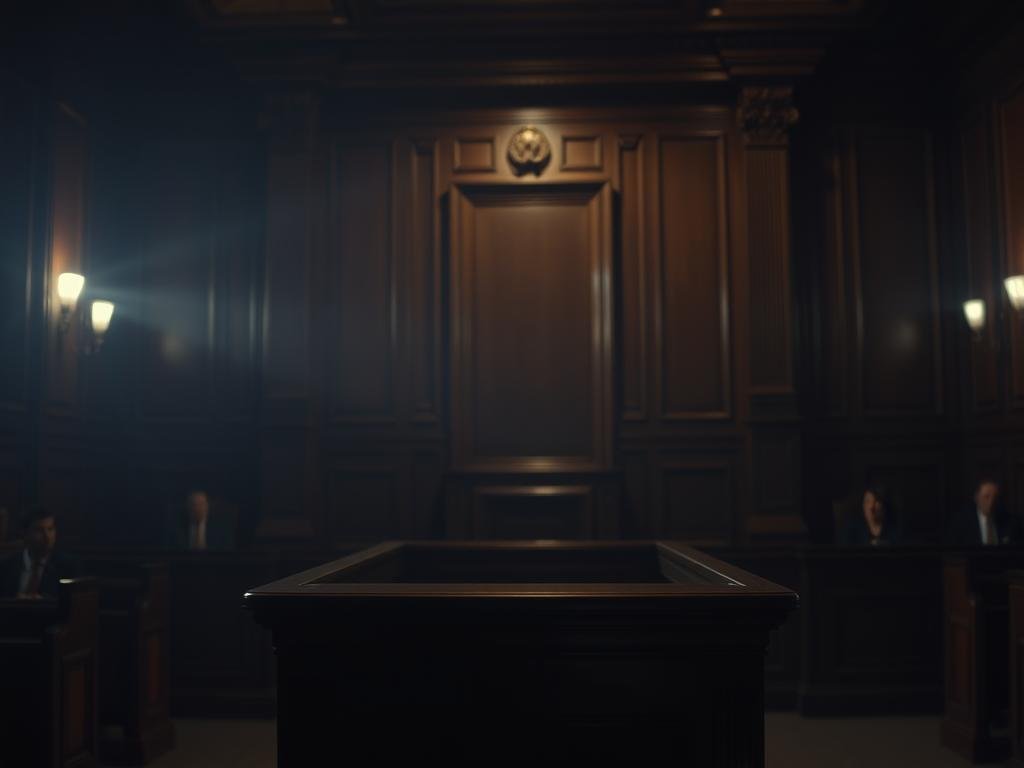 A dimly lit courtroom, its heavy wooden paneling and carved accents casting shadows across the scene. In the foreground, a lone witness stand, its polished surface reflecting the soft glow of a single spotlight. The background is hazy, with indistinct figures seated in the gallery, their faces obscured by the low, dramatic lighting. The atmosphere is one of tension and legal scrutiny, as if the very air holds the weight of the allegations being discussed. The scene is captured with a cinematic, 35mm-style lens, its shallow depth of field drawing the viewer's eye to the central focus of the investigation.