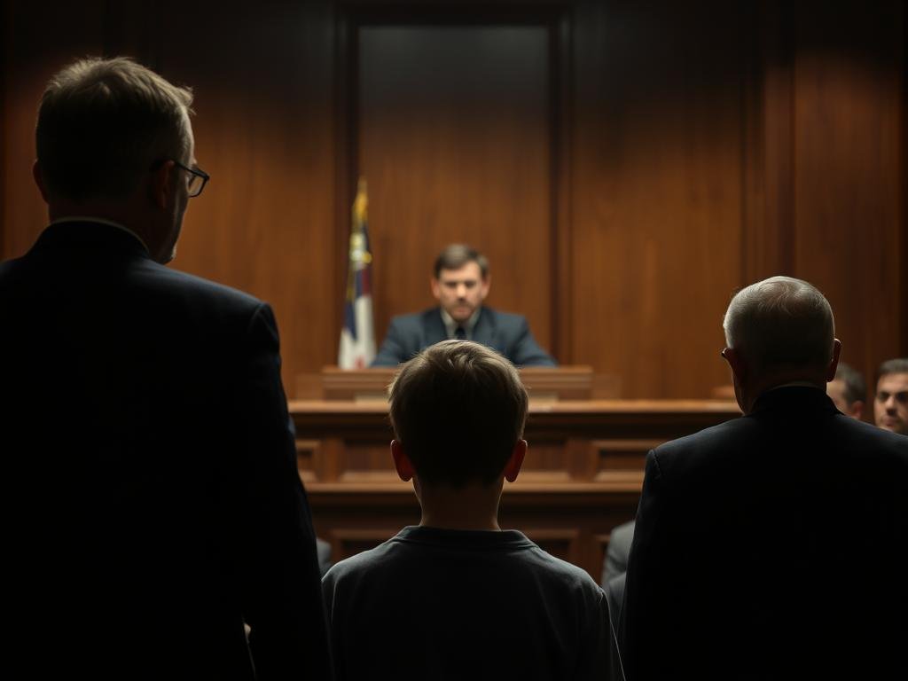 A dimly lit courtroom, its wood-paneled walls casting shadows. At the center, a judge presides over a re-sentencing hearing, a solemn expression on their face. In the foreground, a young defendant, head bowed, flanked by their legal counsel, the weight of a past conviction hanging heavy. Soft, dramatic lighting illuminates the scene, creating an atmosphere of gravity and introspection. The background is blurred, but suggests the presence of onlookers, a reminder of the public nature of these proceedings. The overall mood is one of contemplation, as the court grapples with the complexities of juvenile justice and the possibility of redemption.