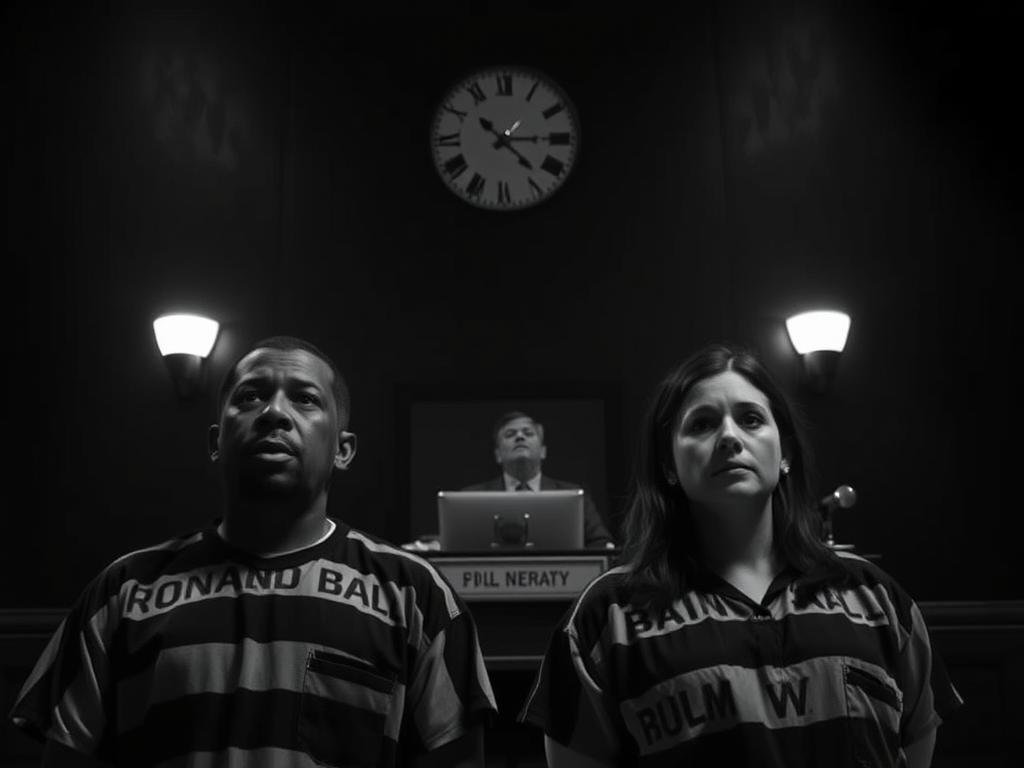 A dimly lit courtroom, the air heavy with tension. At the center, two defendants, Ronald Bell and Kristel Maestas, stand before a stern-faced judge. Their expressions are a mix of remorse and uncertainty, as they await the verdict that will determine their fate. In the background, a clock on the wall ticks away, the only sound cutting through the silence. The scene is captured in a cinematic, black-and-white style, emphasizing the gravity of the moment and the high stakes involved. The lighting is dramatic, with shadows casting across the room, adding a sense of foreboding. The composition draws the viewer's eye to the defendants, the focal point of this pivotal "Initial trials and original sentences" moment.