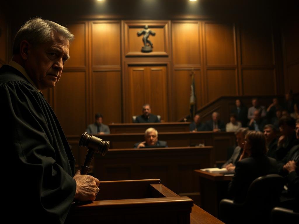 A dimly lit courtroom, the air heavy with tension. In the foreground, a stern-faced judge presides over the proceedings, gavel in hand. Behind them, a large wooden lectern stands as a symbol of justice. In the middle ground, a former pastor sits at the defense table, their expression one of worry and uncertainty. In the background, the audience gallery looms, casting shadows across the scene. The lighting is low and dramatic, accentuating the gravity of the situation. The overall mood is one of high stakes and potential consequences, reflecting the title "Legal stakes: why some former pastors face up to 30 years".
