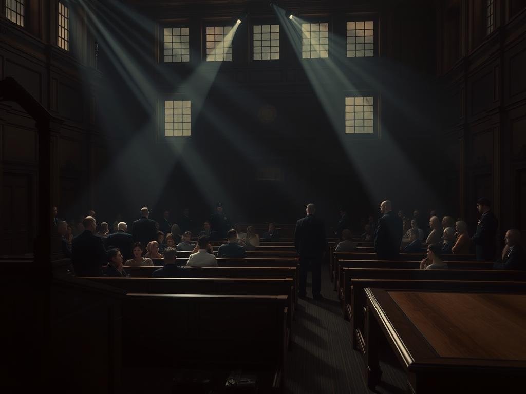 A dimly lit courtroom, the air thick with anticipation. In the foreground, a judge's bench stands tall, evoking a sense of solemn authority. Rows of wooden benches fill the middle ground, where jurors and spectators observe the proceedings with rapt attention. In the background, the shadow-cloaked silhouettes of law enforcement officers stand vigilant, their presence a constant reminder of the gravity of the situation. Beams of light filter through high windows, casting a warm, contemplative glow over the scene. The overall mood is one of profound seriousness, as the wheels of justice grind forward, determined to uncover the truth.