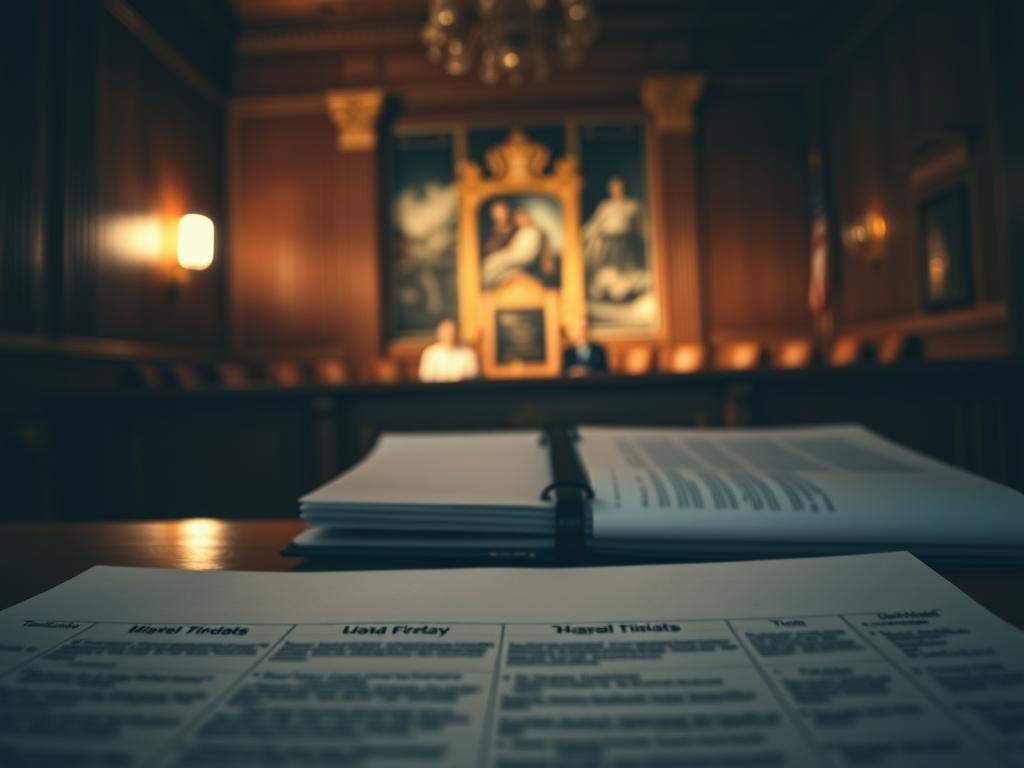 A dimly lit courtroom, the atmosphere somber and tense. In the foreground, a detailed timeline of events unfolds, each step meticulously documented with precise dates and times. In the middle ground, a sleek, minimalist case file sits open, revealing carefully organized notes and evidence. The background is a blurred, distorted scene, hinting at the gravity and complexity of the case. Soft, warm lighting casts a pensive glow, emphasizing the weight of the proceedings. The overall composition conveys a sense of careful investigation, the pursuit of truth, and the solemn nature of the judicial process.