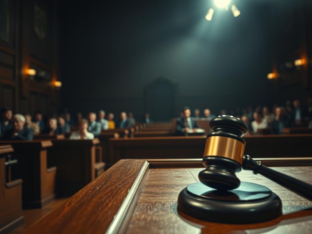 A dimly lit courtroom, the defendant seated at the defense table, their face etched with concern. In the foreground, the judge's gavel rests on the bench, a symbol of the impending legal resolution. Behind them, rows of wooden benches filled with solemn spectators, the atmosphere heavy with anticipation. Soft, directional lighting illuminates the scene, casting dramatic shadows that accentuate the gravity of the moment. The camera angle is positioned to capture the tension and uncertainty, highlighting the high stakes of the legal proceedings. The mood is somber, yet resolute, as the wheels of justice turn, poised to deliver a crucial sentencing outcome.
